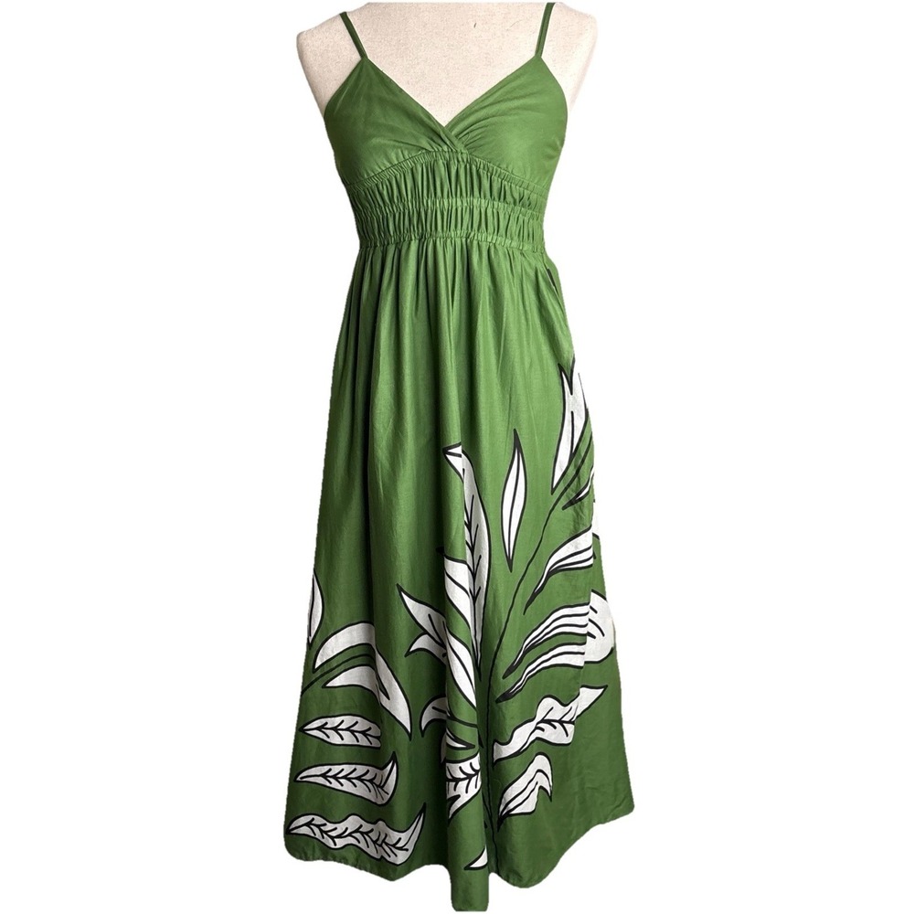 Babydoll‎ Empire Waist Maxi Dress Sundress Abstract Fern Womens XS Green Boho
